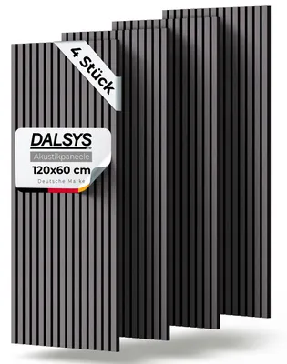 Produktbild von Dalsys 4x Akustikpaneele Holz 120x60cm Grau mit Lamellen, Wandpaneele Holz für Schallschutz in Büro- & Wohnräumen, Akustik Paneele Wand, 3D Wandverkleidung innen, Holzpaneele Wand