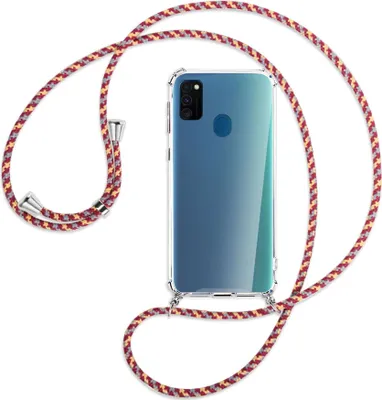 Produktbild von Handykette Backcover-Schutzhülle mit Band (Metall silberfarben) für Samsung Galaxy M30s - weinrot/gelb/grau