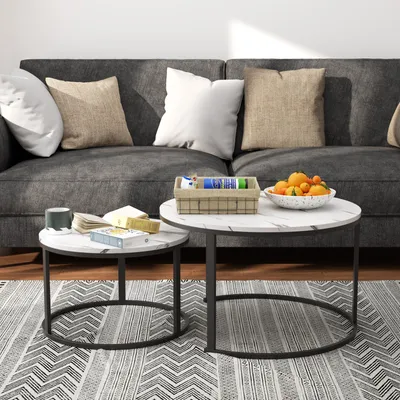 Produktbild von Couchtisch 2er Set mit Metallgestell Ø(80+60)cm Rund Kaffeetisch Wohnzimmertisch Kaffeetisch Sofatisch Beistelltisch Satztisch, Schwarz