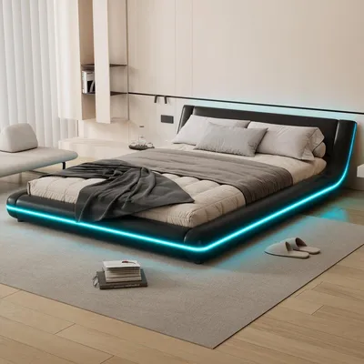 Immagine prodotto di Letto imbottito 140x200 cm nero, struttura del letto con illuminazione LED RGB, Pelle finta PU, rete a doghe inclusa