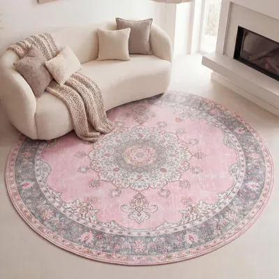 Produktbild von Volero - Teppich Vintage Rund - Lily Medaillon Rosa - Ø 140 cm - Wohnzimmer, Esszimmer, Schlafzimmer - Klassik