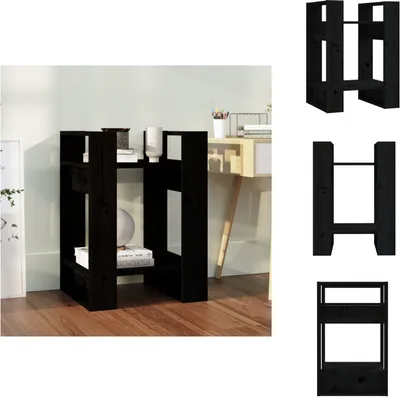 A black wooden bookshelf/room divider is shown in a room with a desk and other decorative items in the background. There are also separate images of the bookshelf from different angles.