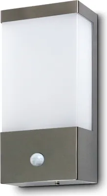 A modern outdoor wall lamp with a motion sensor.