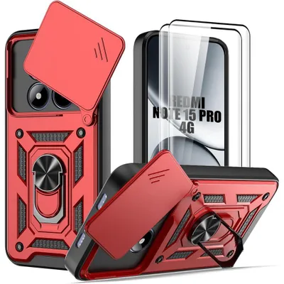 Image de Coque + 2 Verres Trempés pour Xiaomi Redmi Note 15 Pro 4G, avec Anneau et Cache Caméra - Rouge
