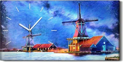 Produktbild von Wanduhr Bürouhr Leinwand Bild Quarz 60x30 Windmühle Bauernhof Wasser Himmel - weiße Hände