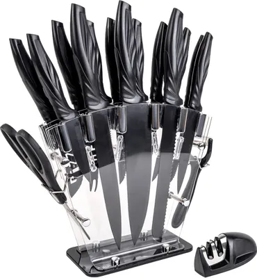 Produktbild von Intirilife 17-teiliges Set Küchenmesser mit Messerblock und Schärfer Sparschäler multifunktionale Schere und Messer - Zum Schneiden Schälen und auch Knacken von Walnüssen