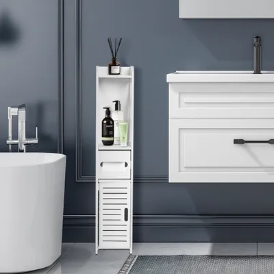 A white bathroom storage cabinet is shown next to a bathtub and a vanity.
