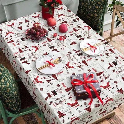 Produktbild von Rote Weihnachtstischdecke mit Weihnachtsmännern und Schneemännern, wasserdicht, ölabweisend, schmutzabweisend, knitterfrei, Lotuseffekt