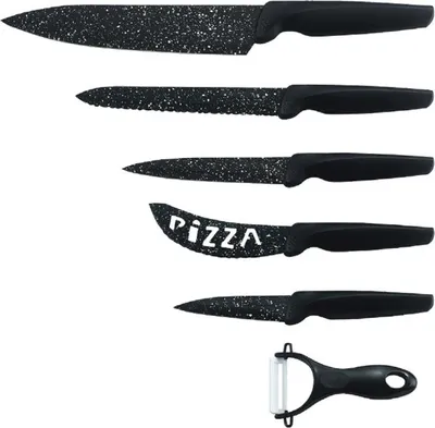 Produktbild von 6 teilig Messerset 5 Messer 1 Sparschäler Set Brotmesser Kochmesser Fleischmesser Brotmesser Schwarz