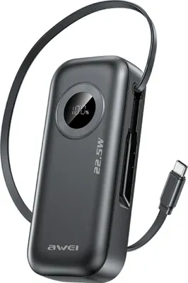 Immagine prodotto di Awei Powerbank Pa-9 10000Mah 22,5W con cavo estraibile Nero/Nero