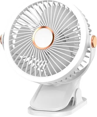 Image de Mini ventilateur portable avec éclairage LED et pince, pour le bureau, les voiturettes de golf et une utilisation en extérieur, blanc, rechargeable, orientable à 720 degrés