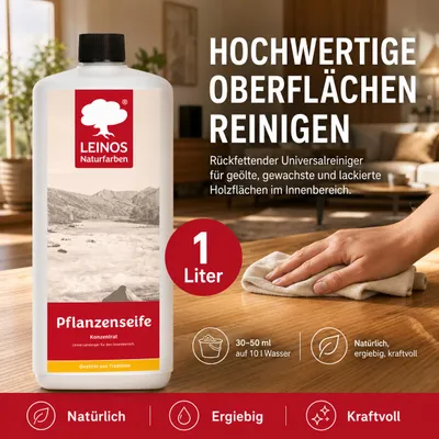 Produktbild von LEINOS Pflanzenseife 1 l für geölte Böden & Haushalt, sehr ergiebig, KI-generiertes Bild
