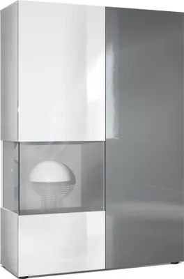 Produktbild von Vladon Vitrine Kommode Hochschrank Morena,  Germany, Korpus in Weiß matt / Rechte Tür und der Einsatz in Grau Hochglanz