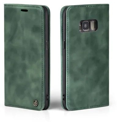 A green flip case for a Samsung Galaxy S8 phone, shown from the front and back.