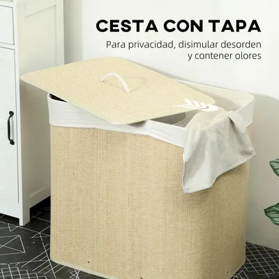 Image de Panier à linge - Panier à linge en bambou - Capacité 144 L - Trois compartiments - Sac intérieur amovible et lavable - Couvercle et poignées - Dimensions 60×40×60 cm - Blanc
