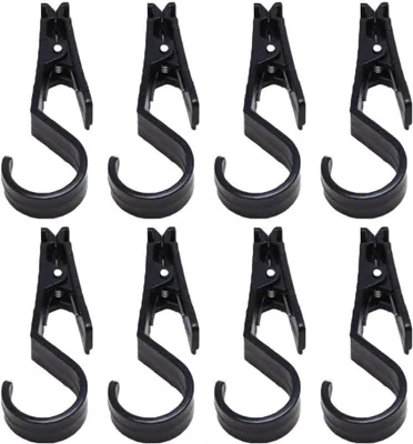 Produktbild von 8 wiederablösbare Kunststoffhaken in Schwarz, stabile Klapphaken für Zeltlampen und Garderobe beim Sommerfest und Camping im Outdoor-Bereich