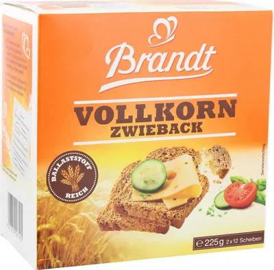 A product box for Brandt Vollkorn Zwieback, showing a close-up of the packaging with product imagery.