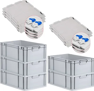 Produktbild von SuperSparSet 5x Eurobox NextGen Economy mit Scharnierdeckel und blauen Schiebeschnappverschlüssen | Griffe geschlossen | HxBxT 22x40x60cm | 44 Liter | Eurobehälter, Transportbox, Transportbehälter, Stapelbehälter