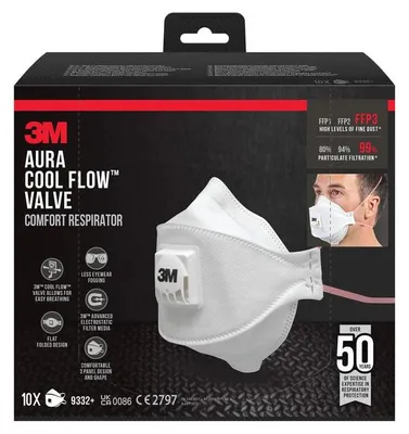 Produktbild von 6x 3M™ Aura™ Comfort Cool Flow™ Partikelmaske 9332+, FFP3, mit Ventil, 10er-Packung | Packung (10 Stück)