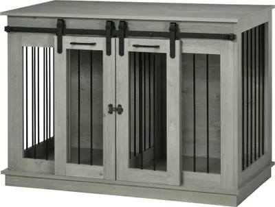 Produktbild von Hundekäfigmit2Türen,Hundebox,TransportboxfürHunde,rustikalesDesign,verriegelbar,Grau