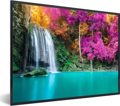 Produktbild von MuchoWow® Gerahmtes Poster Wasserfall - Bäume - Rosa - Braun - Natur 80x60 cm - Poster mit Schwarzem Bilderrahmen Wandposter Rahmen Foto Bilder - Schwarzem - Mit Gestell