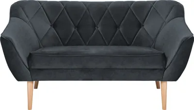 A dark gray fabric sofa with diamond tufting and light wood legs, shown from the front against a white background.