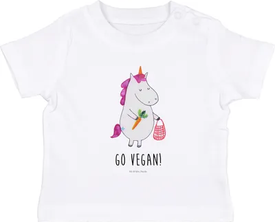 Produktbild von Mr. & Mrs. Panda  T-Shirt Einhorn Vegan 6. - 12. Monat - Weiß - Geschenk, Veganismus, Gesund essen, Baby Shirt, Babyshirt, Leben, Veganer, Rohkost, Jerseyshirt