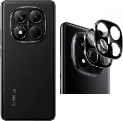 A black smartphone with a multi-lens camera system is shown from the back, with a close-up view of camera lens protectors.