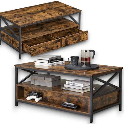 Obrázek produktu pro Konferenční stolek 100x55x45 cm v rustikálním stylu s úložným prostorem, konferenční stolek s policí, ve tvaru X, obývací stůl se 2 zásuvkami, vintage hnědočerná barva