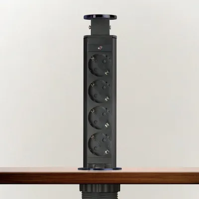Image de Multiprise escamotable à 4 prises avec sécurité enfants | 3500 W | Câble de 1,5 m | Métal brossé, noir | Pour bureau, cuisine et meubles [20431BB]