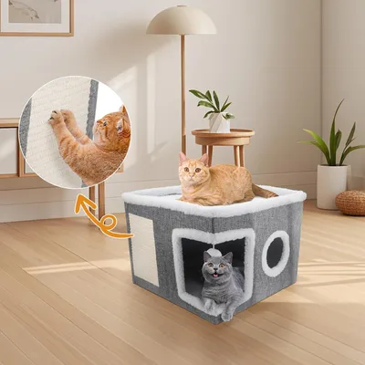 Produktbild von Allecto Plus - Große überdachte Katzenbetten für Wohnungskatzen mit plüschigem Ball und Kratzkissen - Faltbares Versteck für Kätzchen - Grau, groß