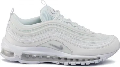 A side view of a white Nike Air Max 97 sneaker against a white background.