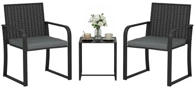 Image de Ensemble de bistrot 3 pièces, polyrotin/textilène, 2 personnes, gris - coussins rembourrés 22D, table avec plateau en verre de sécurité, pieds réglables