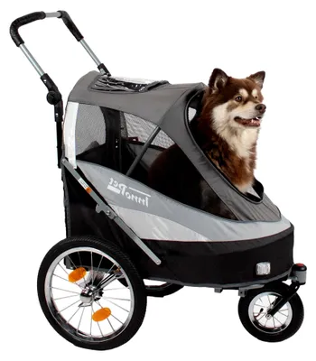 Produktbild von Hundeanhänger Fahrrad & Hundebuggy Sporty Trailer Deluxe - 2 in 1 Fahrradanhänger für Hunde - Schwarz/Silber - mit Regenschutz, Deichsel & Fahrradkit, faltbarer Hundewagen