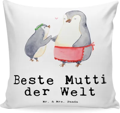 Produktbild von Mr. & Mrs. Panda Deko Kissen Pinguin Beste Mutti der Welt - Weiß - Geschenk, Mutter, Ma, Polster, Mama, Dekokissen, Danke, Muttertag, Dankeschön, kuschelkissen 40x40