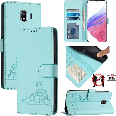 Produktbild von Leder Hülle für Samsung Galaxy J4 2018 Süße Katze Flip Case Brieftasche Schutzhülle mit Standfunktion hellgrün
