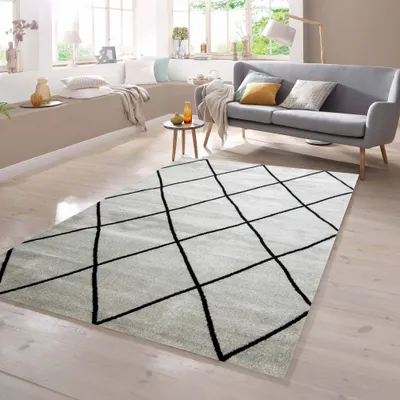 Image de Tapis scandinave à motif losange, gris foncé et noir, dimensions : 240 x 340 cm