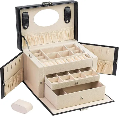 Zdjęcie produktu dla Eleganckie pudełko na biżuterię z 3 poziomami i zamykaniem
