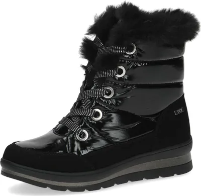 A black winter boot with fur trim and laces.