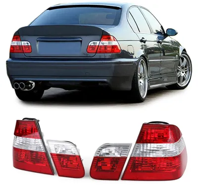 Zdjęcie produktu dla Komplet tylnych świateł w kolorze czerwonym, pasujący do samochodu BMW serii 3 (E46), wersja sedan, lata produkcji 2001-2005