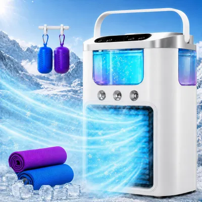 Produktbild von 4 in 1 Mini Luftkühler mit Kühlhandtuch Set, 3 Modi, 600ml Wassertank,Lange Akkulaufzeit,60° Verstellbarer Winkel, 2 x Cooling Towel 100 x 30cm
