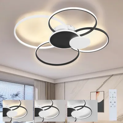 A modern LED ceiling light with multiple rings, shown in a room setting with smaller inset images demonstrating different lighting modes and a remote control.