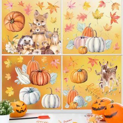 Productafbeelding van Vensterstickers voor de oogstfeestdag, 9 stuks, pompoen, herfst, kleurrijk, herbruikbaar, voor zelfdecoratie van ramen
