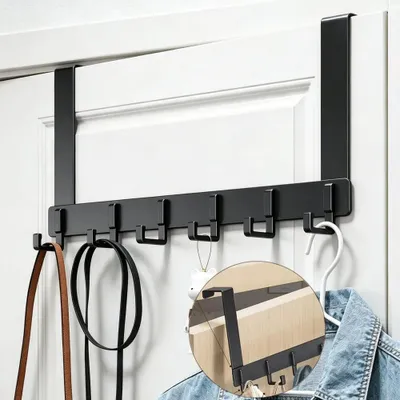 Image de Crochet de porte - Porte-vêtements et porte-serviettes à fixer au-dessus de la porte - 6 crochets - Acier au carbone - Noir