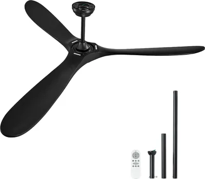 A black ceiling fan with three blades, a remote control, and mounting poles on a white background.