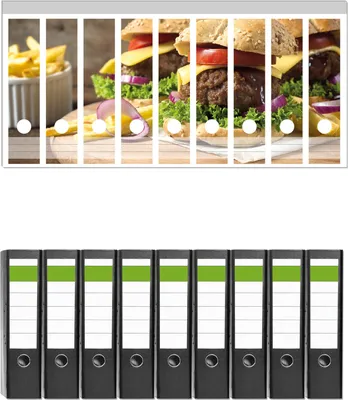 Produktbild von Wallario 9 Stück breite Ordner inkl. Klebeetiketten mit Motive Saftige Burger auf Holzbrett -  Set mit Rückenschildern / Ordnerrücken Stickern