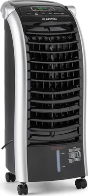 A tall, portable air cooler with a black and silver design is shown against a white background.