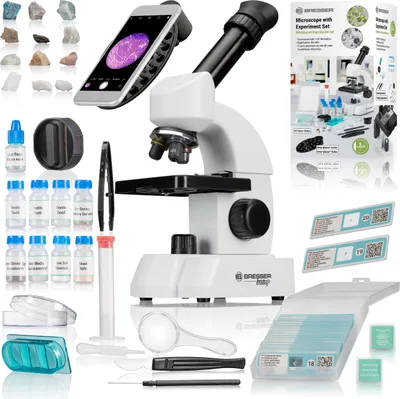 Produktbild von Bresser Mikroskop 40x-640x LED Durchlicht mit 75-teiligem Experimentier-Set Smartphone-Adapter QR Präparate