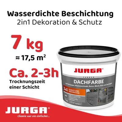 Produktbild von Jurga Dachfarbe Grau 7kg, Sockelfarbe WASSERDICHT, Fassadenfarbe für Außen, Dachbeschichtung für Blechdach, Bitumen, Dachpappe, Schindeln Putz