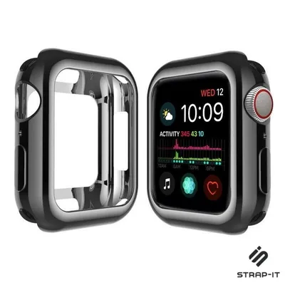 Produktbild von Strap-it Silikonhülle – Schutzhülle passend für Apple Watch 4/5/6/SE – Hülle für Apple Watch 44 mm – Schwarz-Metallic – iWatch-Hülle für Größe 44 mm